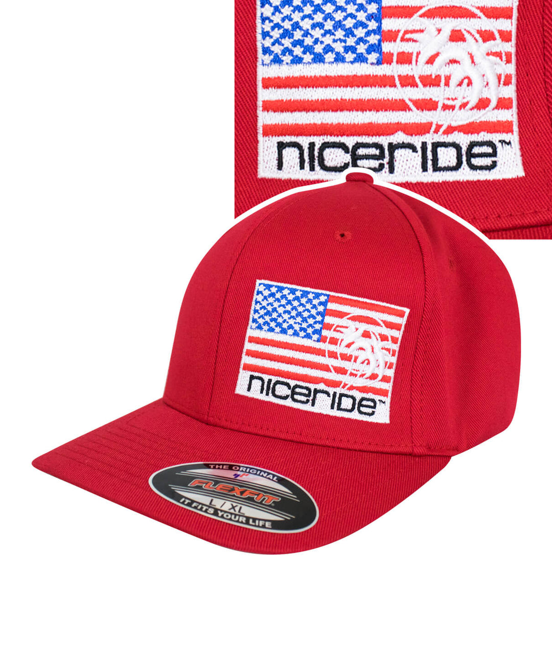 Pride - LP Classic Flexfit Hat in red featuring American Flag and NICERIDE embroidery, perfect hat for stylish wear.