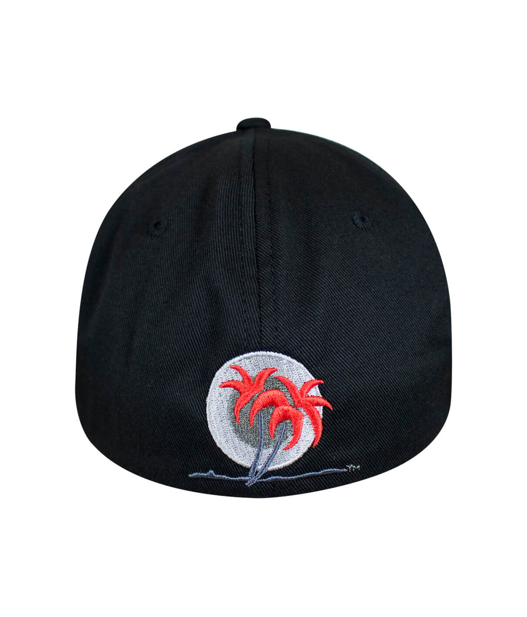 black Flexfit hat back view with classic palm logo embroidered in red on the back, showcasing the hat design.