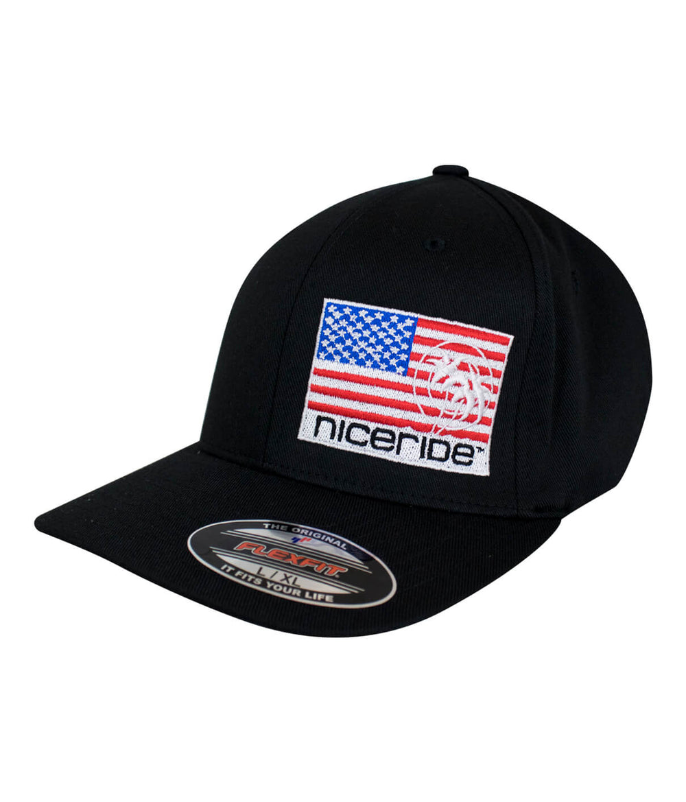 Pride - LP classic Flexfit hat with American Flag and NICERIDE embroidery, black color, designed in the USA.