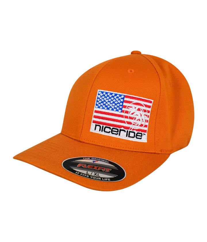 Pride - LP Classic Flexfit Hat in orange with American Flag and NICERIDE embroidered design.
