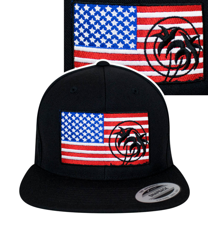 Black snapback flag hat featuring American flag and NICERIDE &