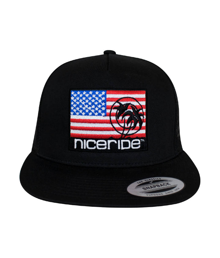 Niceride Pride Trucker Hat featuring American flag design and classic palm logo, great hat for casual wear.