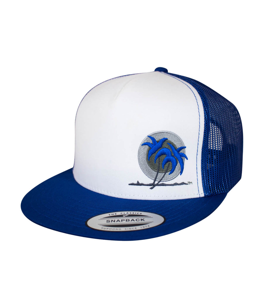 Bold Palm Trucker Hat featuring palm logo with blue leaves, snapback style baseball cap.