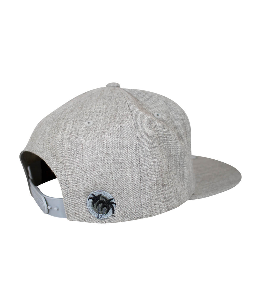 Back view of a gray Bow Tie snapback hat featuring a black palm logo.