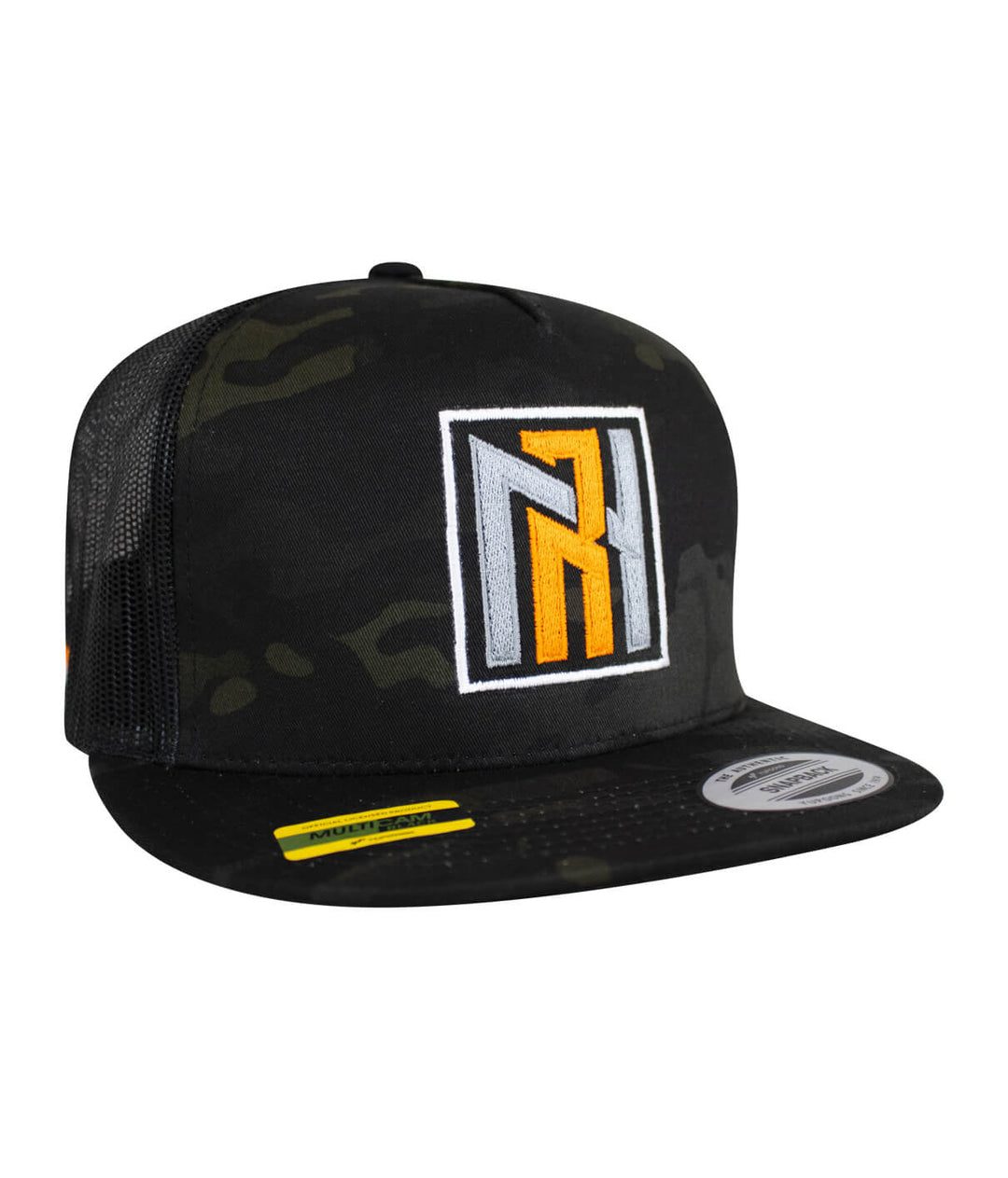 N-R Orange trucker hat featuring camouflage design and embroidered logo, perfect addition to your hat collection.
