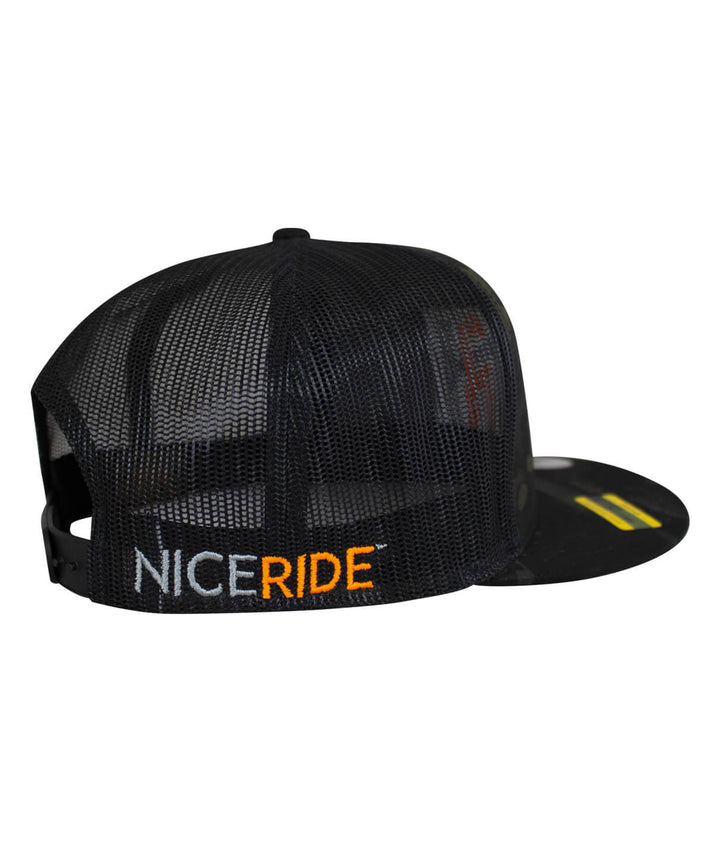 N-R Orange Trucker hat with NICERIDE logo, black mesh design and evening glow embroidery on the back.