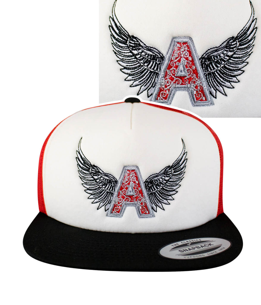 Angel Flatbill Foam Trucker Hat with embroidered wings and 'A' logo, supporting premature birth prevention.