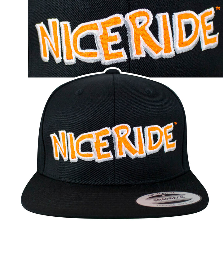 NICERIDE embroidered logo on a black snapback hat, showcasing the stylish design of this classic hat.
