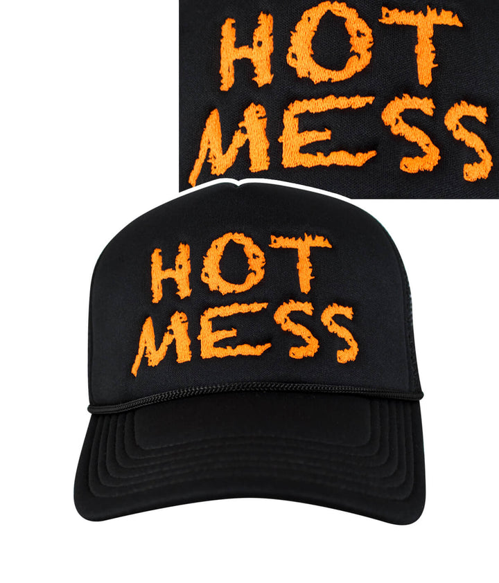 Hot Mess Foam Trucker Hat featuring embroidered design, perfect for casual wear. Quality hat designed and made in the USA.