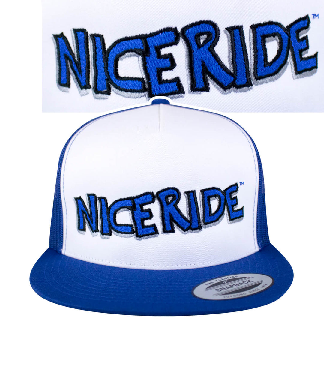NICERIDE embroidered logo on a classic snapback trucker hat with blue brim and white front panel.