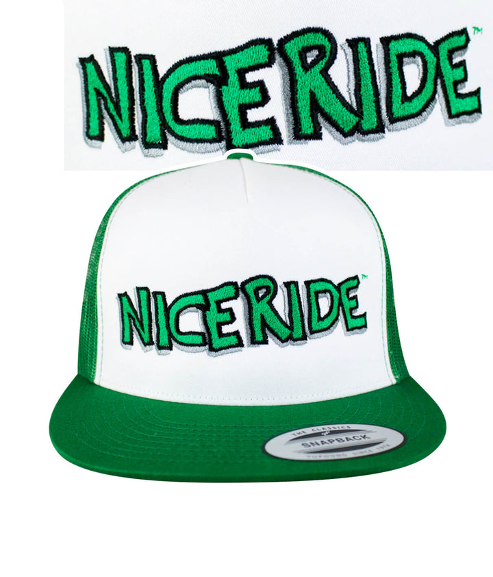 NICERIDE branded trucker hat front view with green lettering and white base, showcasing the classic hat design.