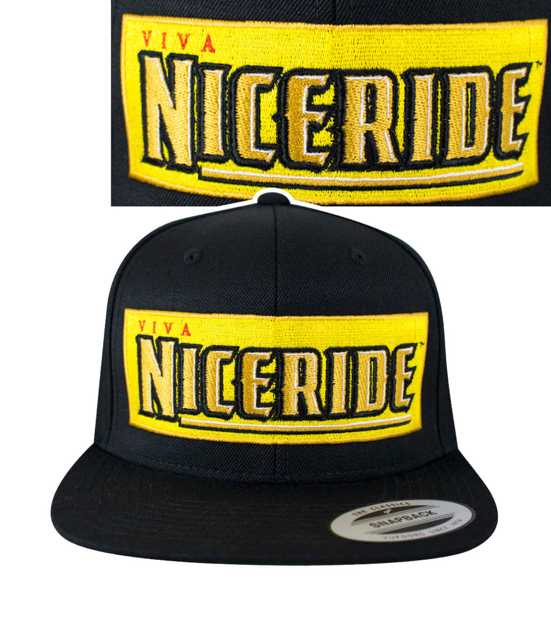 Viva Life Snapback hat featuring NICERIDE's embroidered logo in yellow on the front.