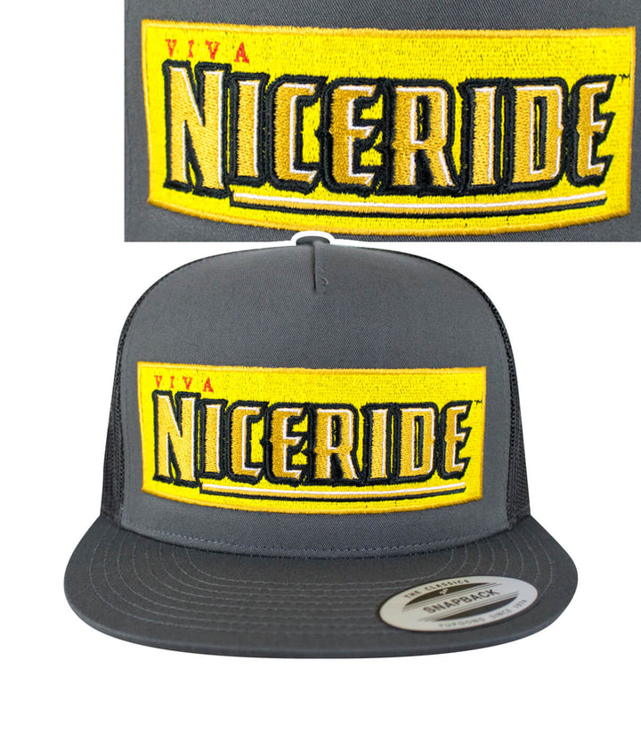 Viva Life trucker hat featuring NICERIDE design embroidered on gray cap, perfect for stylish outdoor wear.