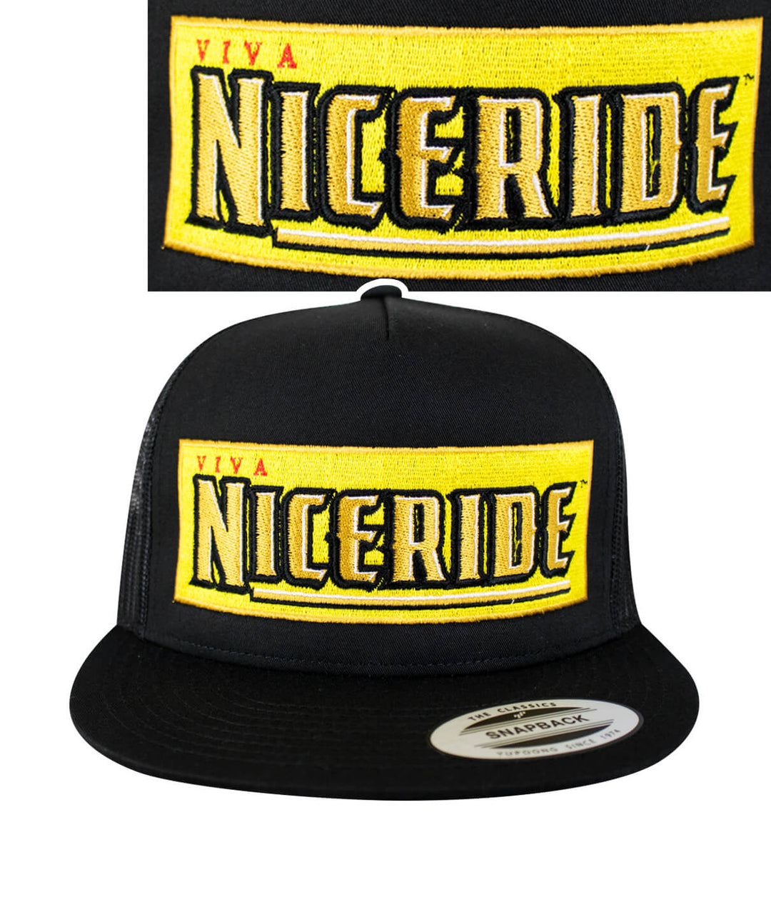 Viva Life Trucker Hat with NICERIDE design, showcasing yellow embroidery on a black snapback hat.