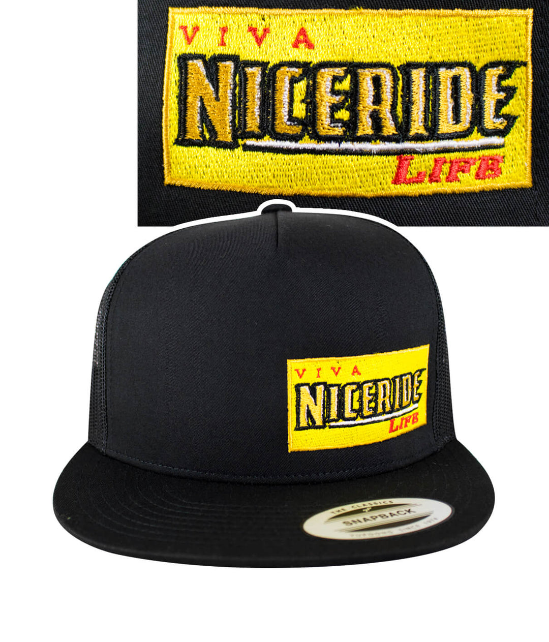Viva Life - LP trucker hat featuring NICERIDE logo embroidered on the front and back, ideal for stylish headwear.