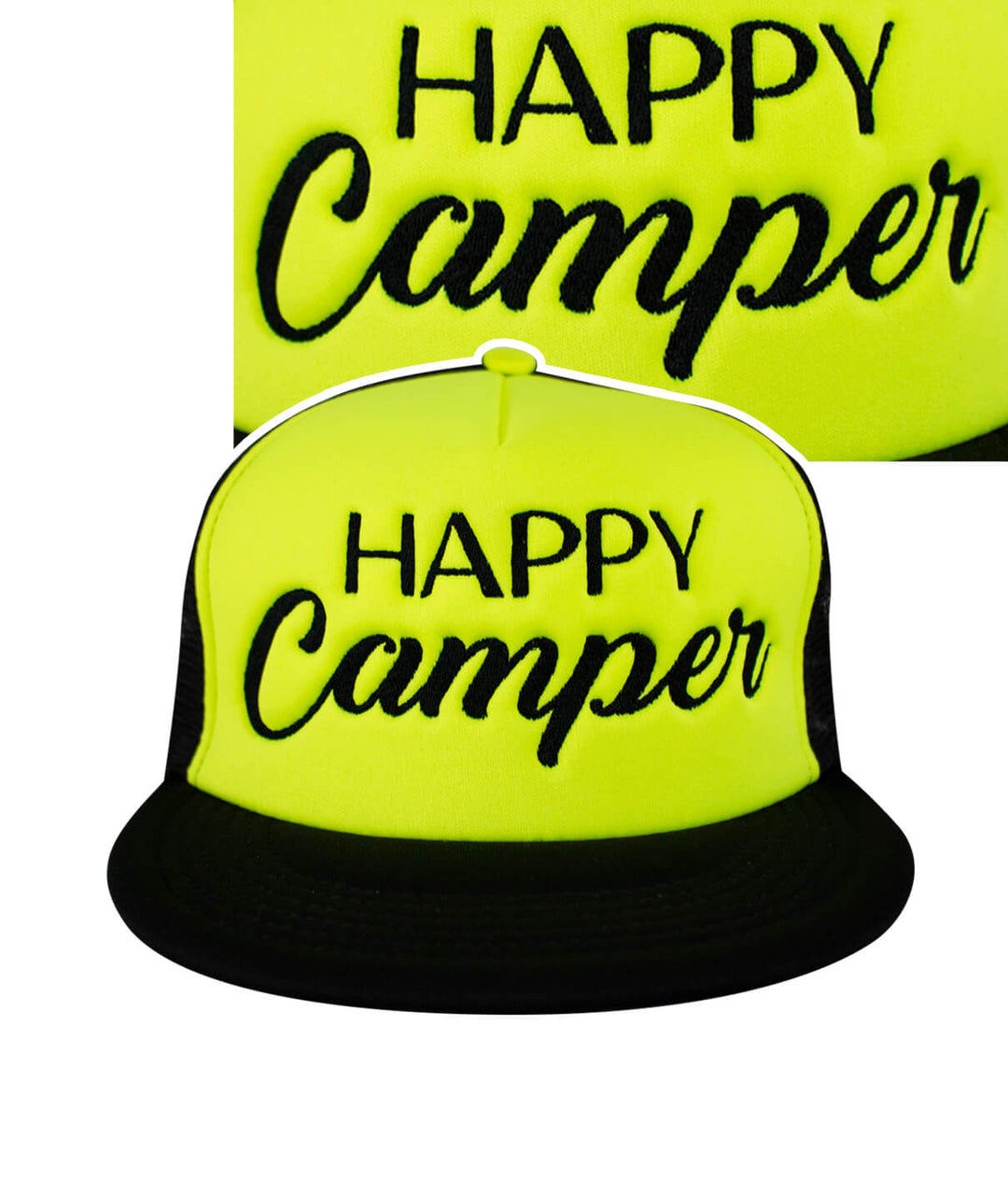 Happy Camper District Foam Trucker Hat in bright yellow and black, perfect for outdoor adventures.