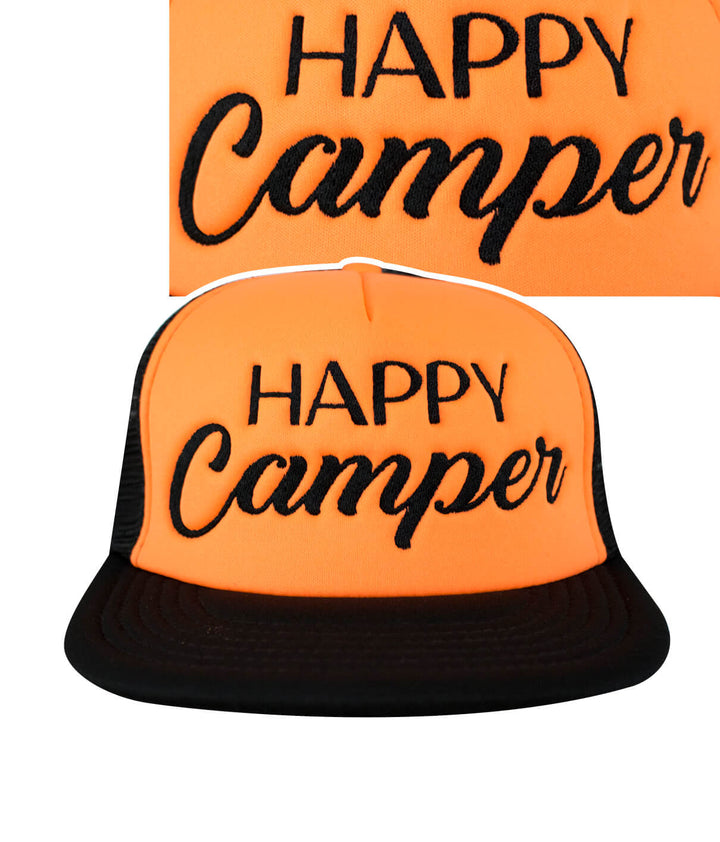 Happy Camper District Foam Trucker Hat showcasing orange color and black mesh, perfect hat for outdoor lovers.