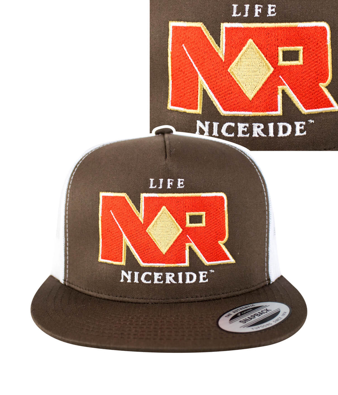 Brown trucker hat featuring NICERIDE's embroidered logo, showcasing the focus keyword hat prominently.