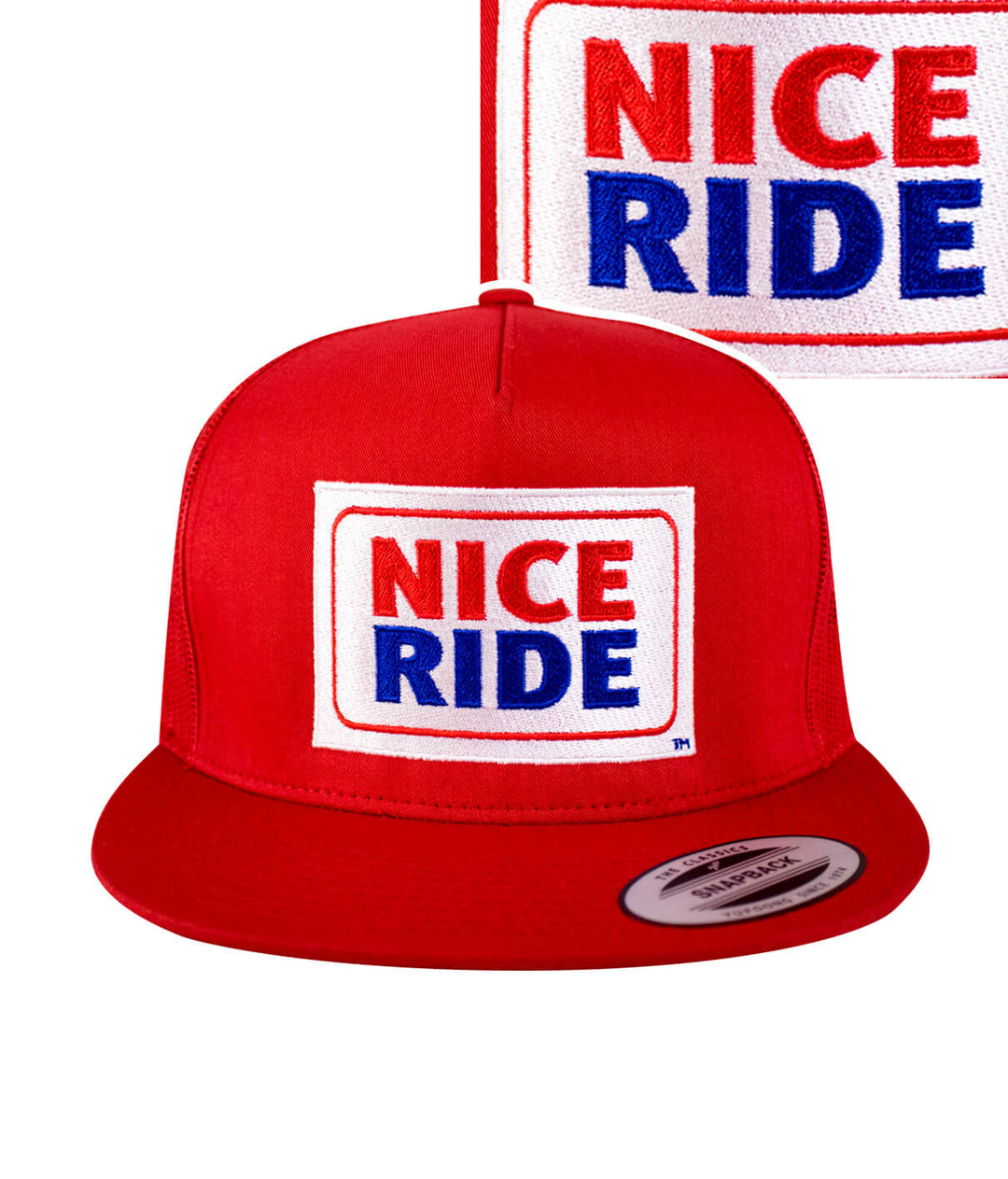 Red trucker hat with NICERIDE logo embroidered on front, ideal for casual wear.