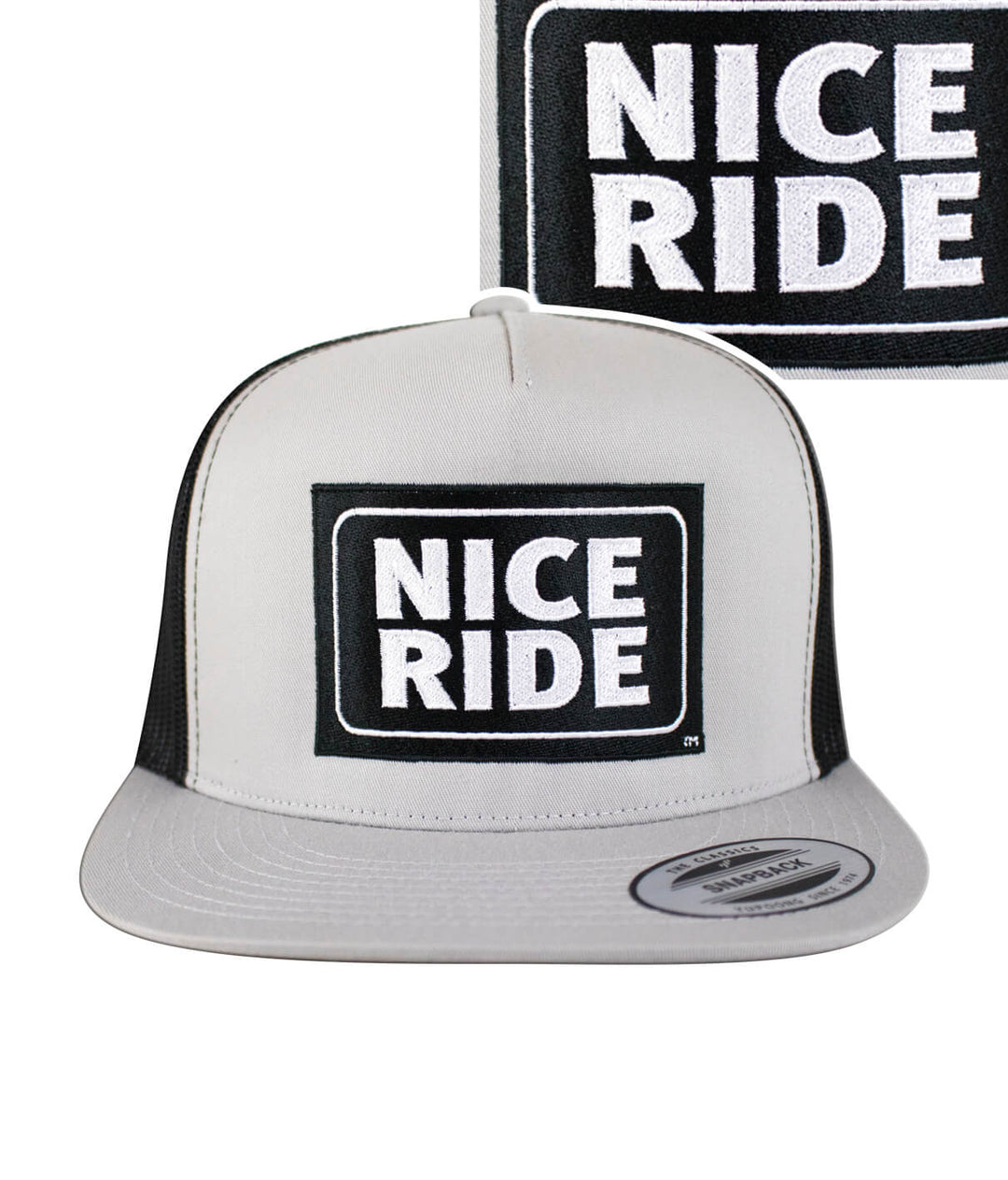 6006 Classic Snapback Trucker Hat with NICERIDE logo, stylish hat designed and embroidered in the USA.