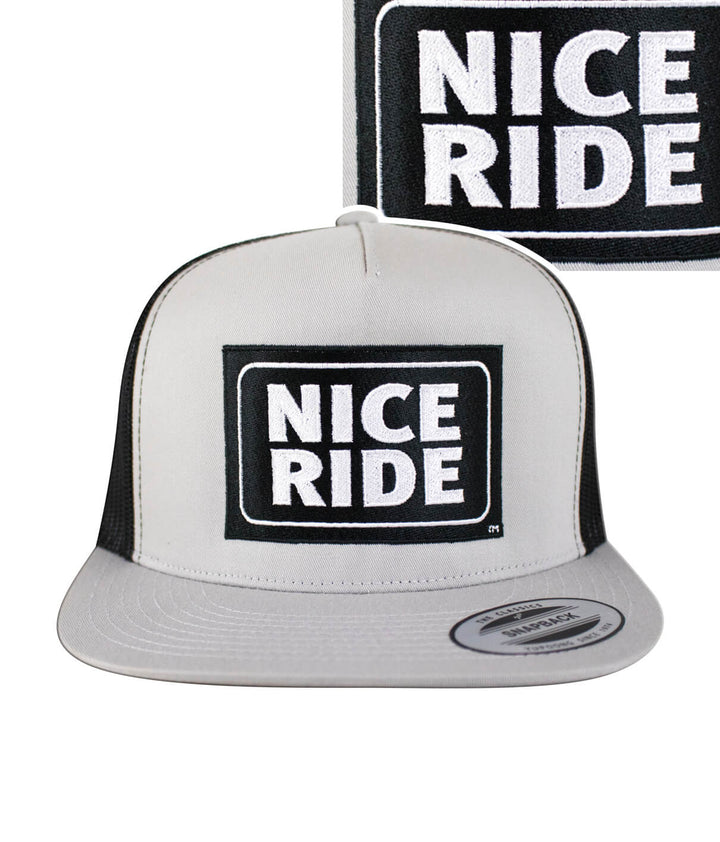 6006 Classic Snapback Trucker Hat with NICERIDE logo, stylish hat designed and embroidered in the USA.