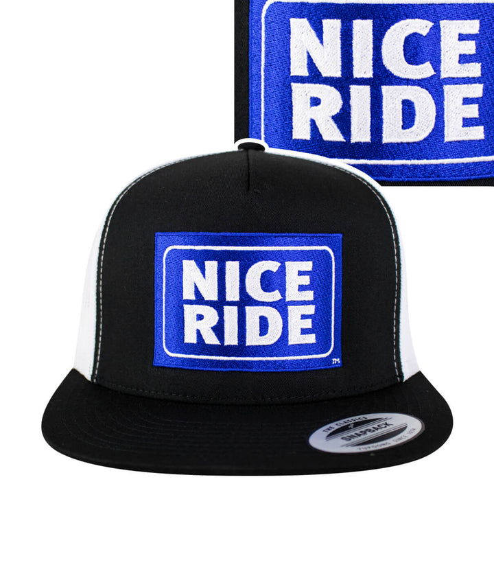 Black and white trucker hat featuring NICERIDE logo with &