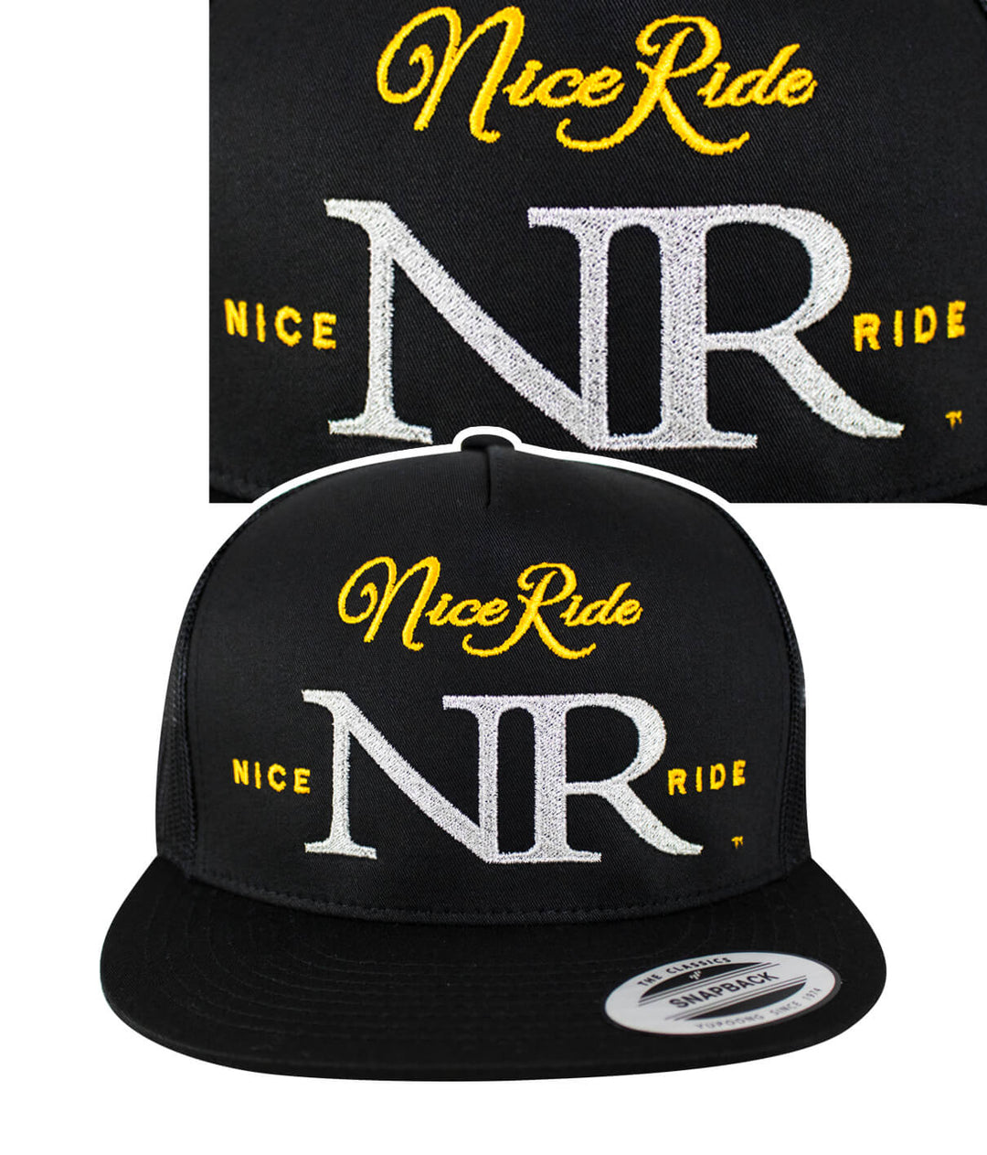 The Throne trucker hat featuring NICERIDE embroidered logo on front and back, ideal hat for stylish looks.