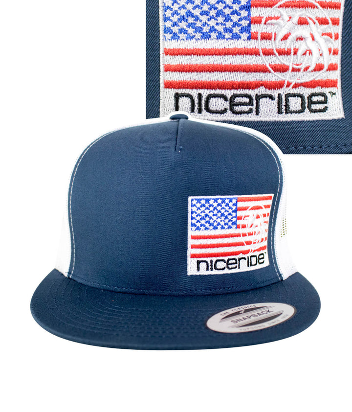 hat NICERIDE PRIDE LP trucker baseball cap featuring American flag and embroidered logo.