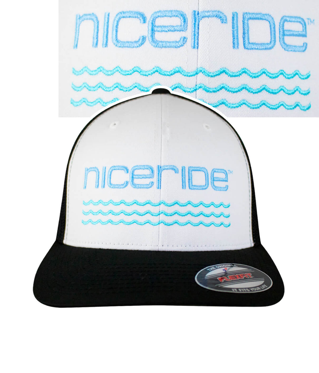On The Water Meshback Flexfit hat with NICERIDE embroidery and light blue wave design on front.