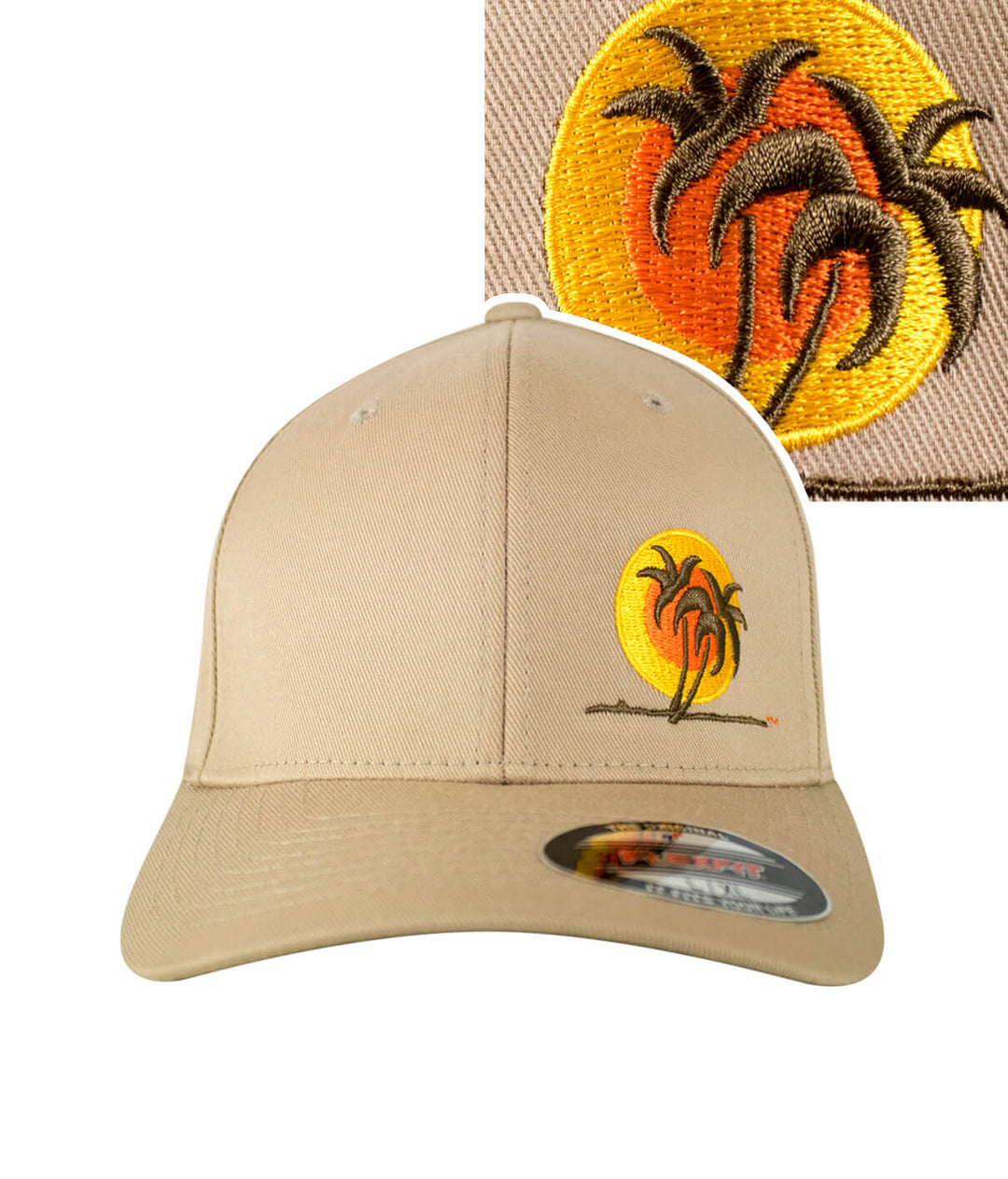 Padres Palm Classic Flexfit Hat showcasing palm tree embroidery on a beige cap.