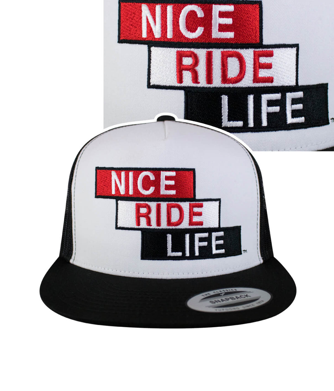 Trucker hat featuring embroidered "NICE RIDE LIFE" design in red and black, perfect for stylish outdoor wear.