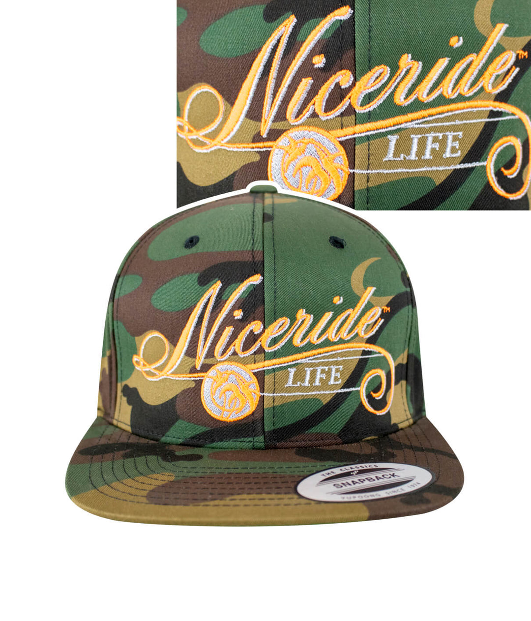 The Life snapback hat featuring embroidered Nicoride design and camouflage pattern.