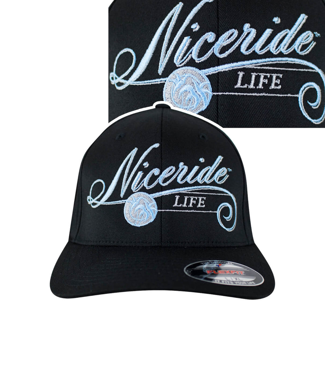 The Life Classic Flexfit Hat by NICERIDE, featuring embroidered logo on a black cap, perfect for stylish outdoor wear.