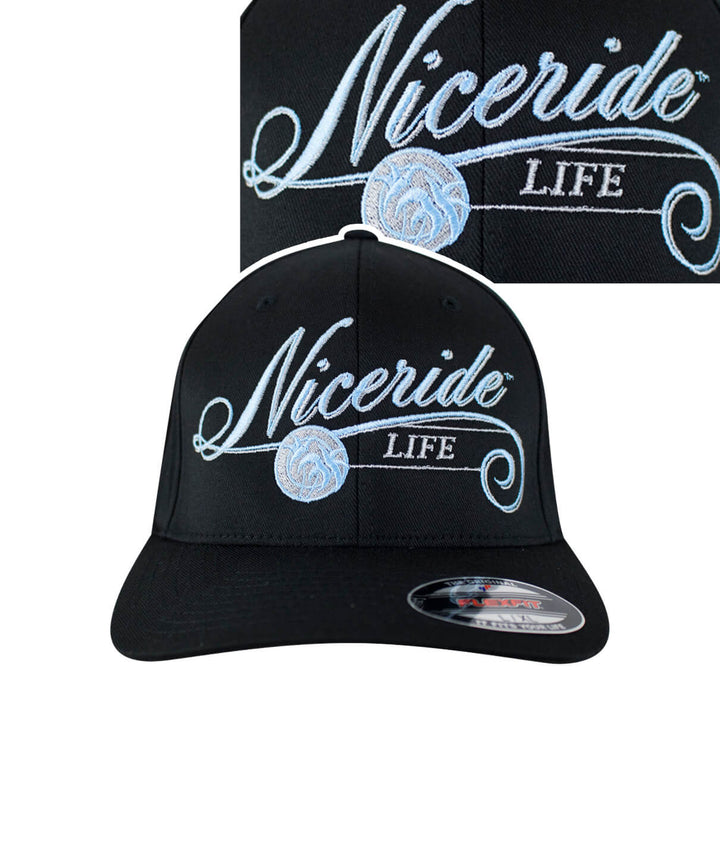 The Life Classic Flexfit Hat by NICERIDE, featuring embroidered logo on a black cap, perfect for stylish outdoor wear.