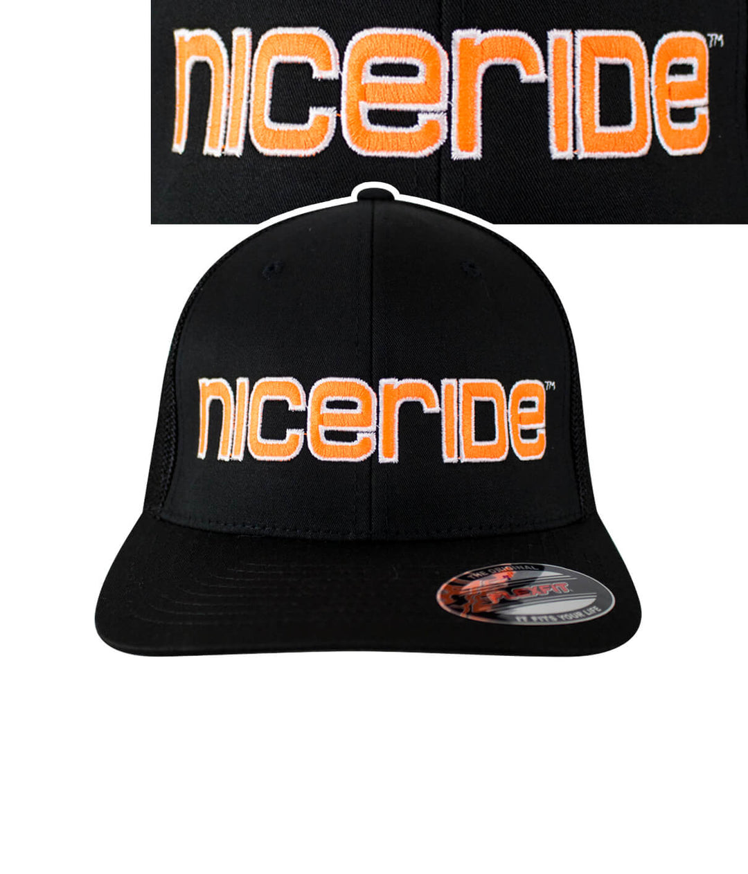 Black meshback Flexfit hat featuring NICERIDE logo, ideal for style and comfort, perfect for any hat lover.