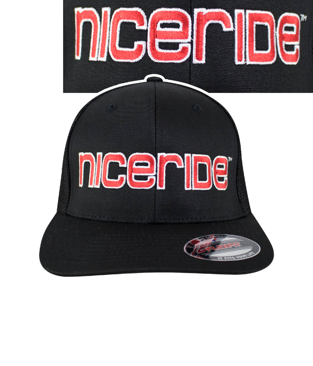Black Meshback Flexfit hat featuring NICERIDE logo, ideal hat for stylish casual wear.