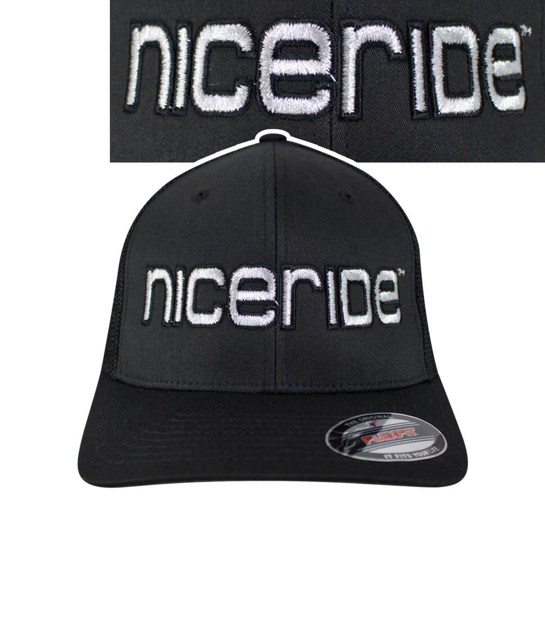 Bold Tower black meshback flexfit hat featuring NICERIDE logo on the front and classic palm logo on the back.