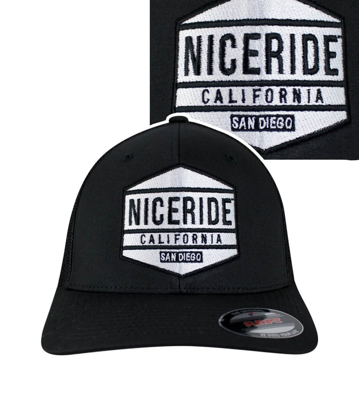 Black NICERIDE California baseball cap featuring embroidered logo, perfect hat for casual wear.