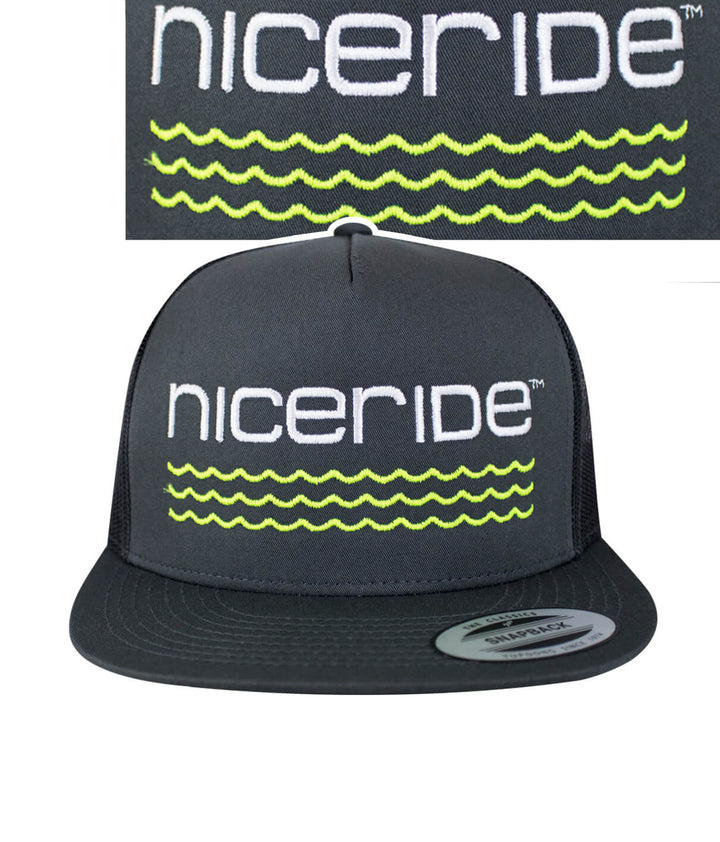 On The Water - Center Charcoal Trucker Hat with NICERIDE logo, a stylish hat designed for outdoor enthusiasts.