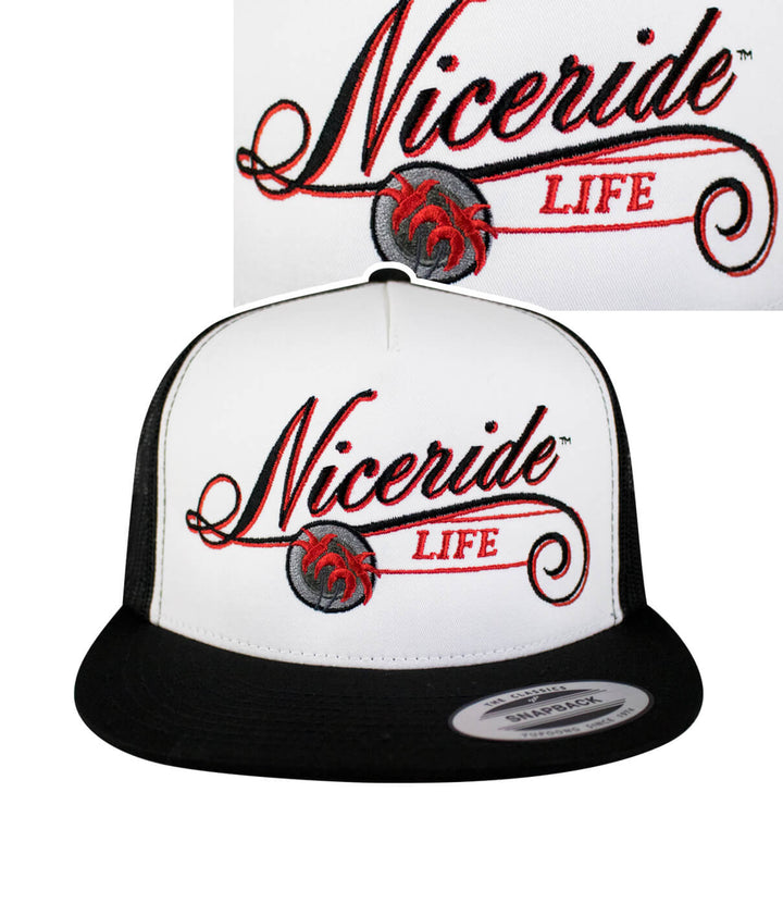 The LIFE - Red hat featuring NICERIDE logo embroidered on front, black snapback trucker cap.
