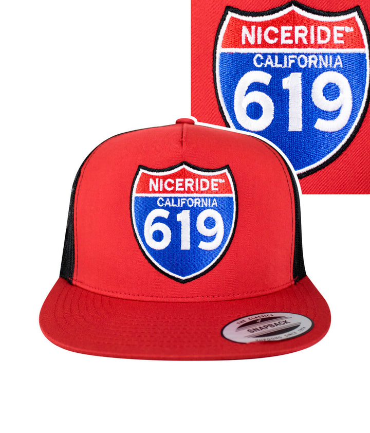 Interstate 619 trucker cap featuring embroidered logo, a stylish red hat for casual wear.