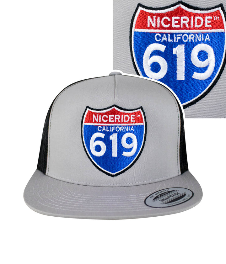 Interstate 619 Trucker Cap featuring NICERIDE logo on front, 6006 classic snapback hat design.
