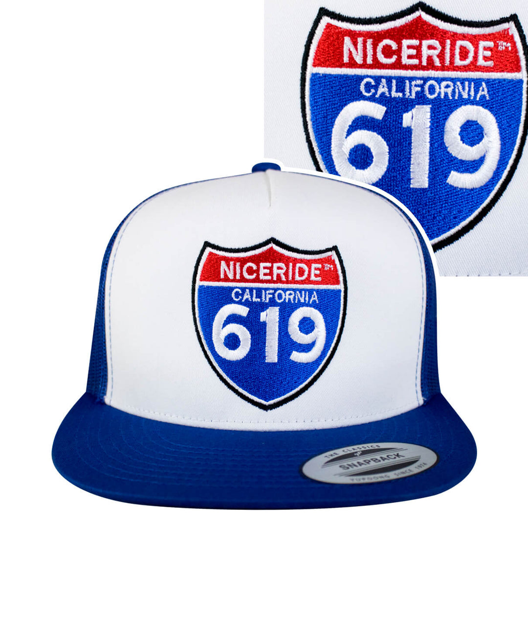 Interstate 619 Trucker Cap featuring NICERIDE logo, a stylish hat in blue and white with embroidered details.