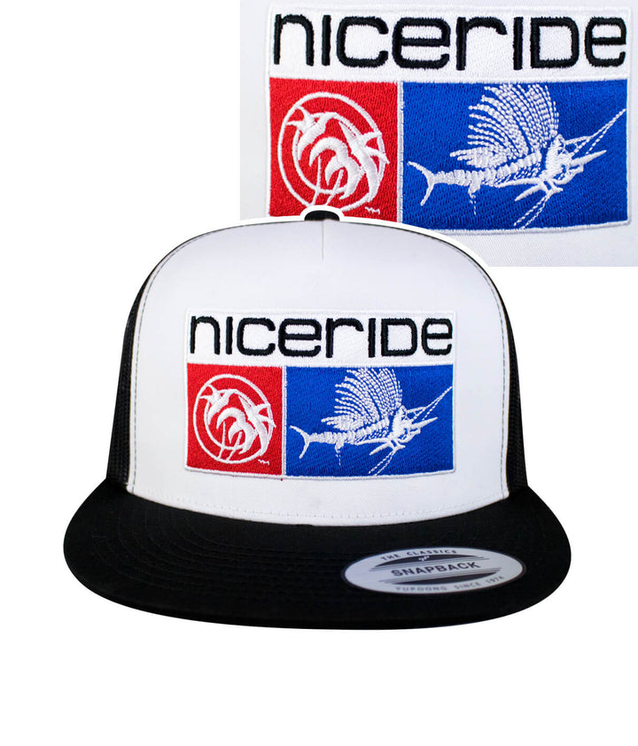 Niceride hat featuring embroidered logo on a classic snapback trucker design.