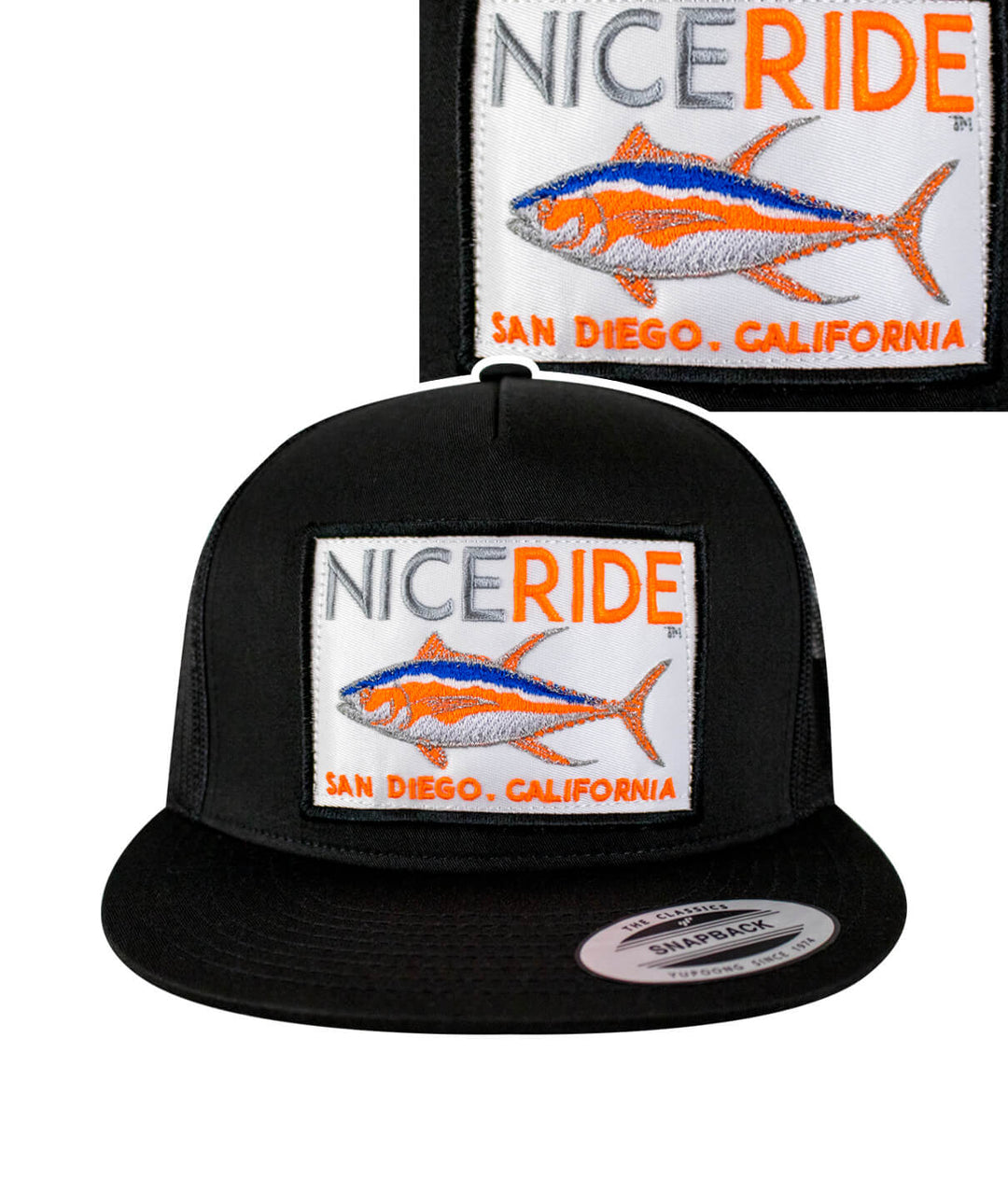 NICERIDE embroidered trucker hat featuring a fish design and text "San Diego, California" on a black snapback hat.