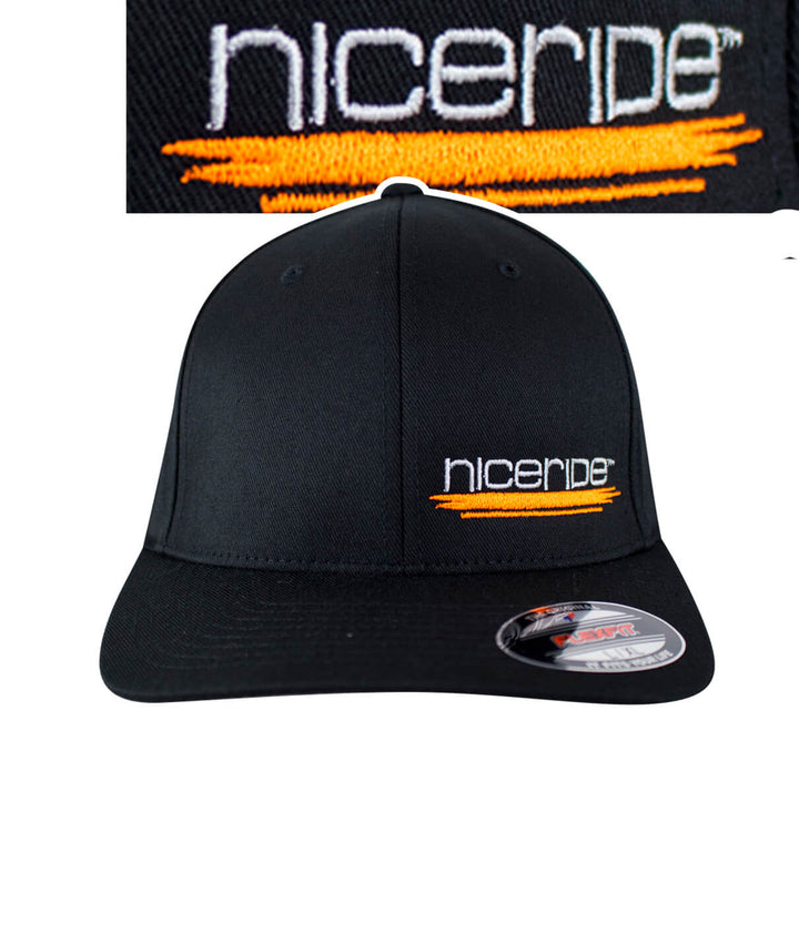 Classic Flexfit hat with NICERIDE logo in black and orange design, showcasing stylish embroidery.