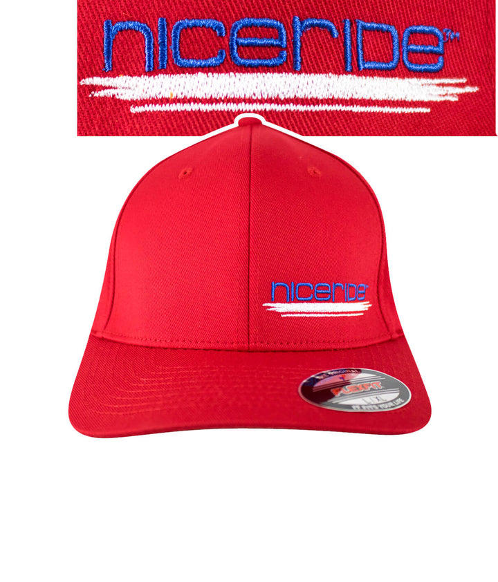 Red NICERIDE Classic Flexfit hat with embroidered logo on front and back.