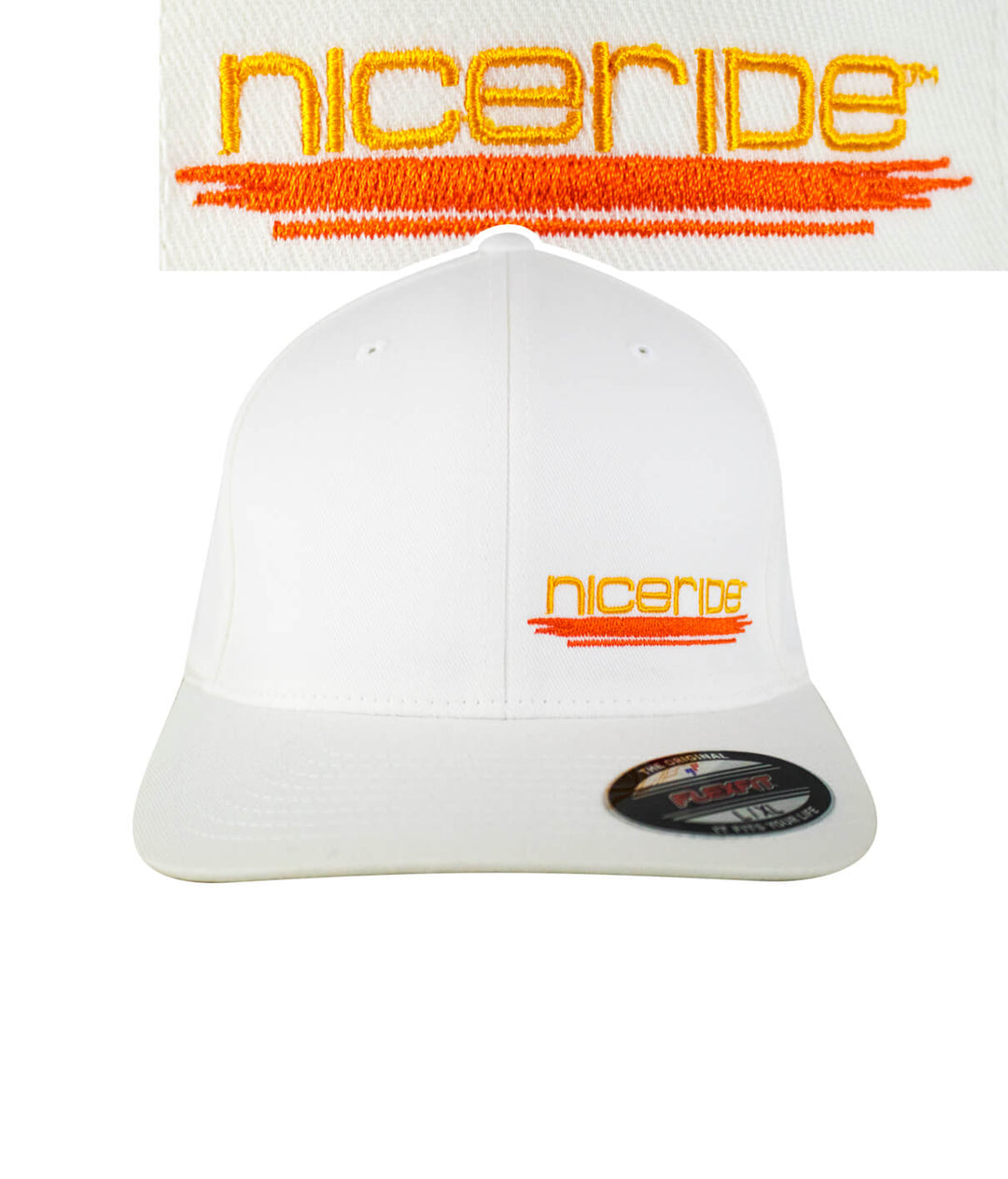 Sunrise Classic Flexfit Hat featuring NICERIDE logo embroidered in orange on a white background.