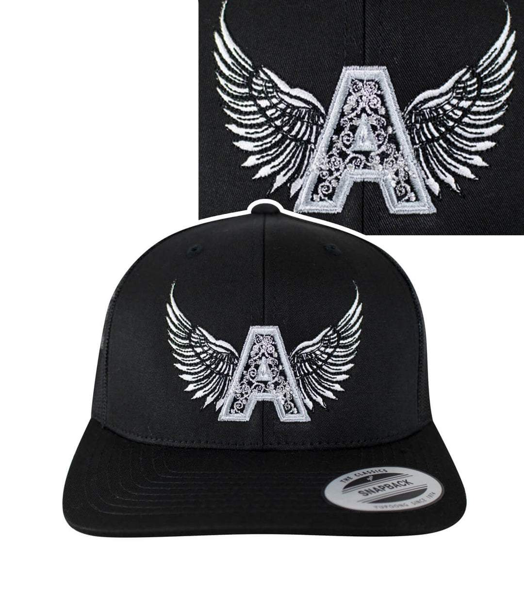 Angel Black Retro Trucker Hat featuring embroidered wings and letter A design.