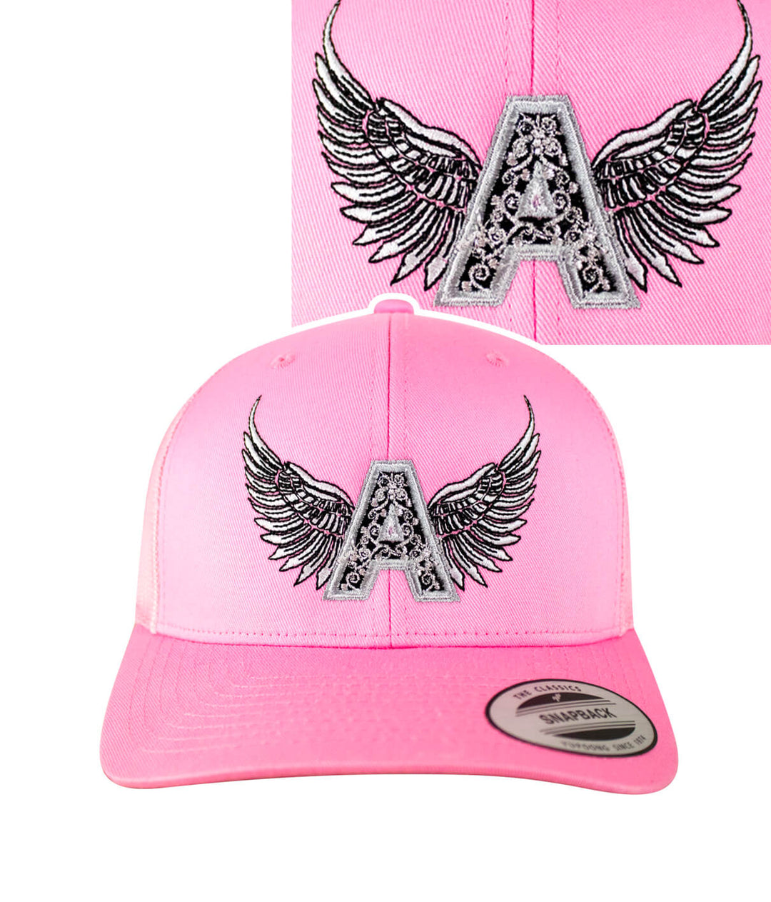 Angel Pink Retro Trucker Hat with embroidered A and wings design, perfect for stylish outdoor wear.